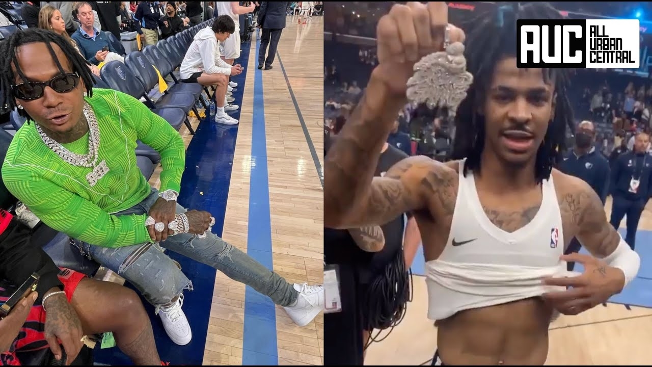 MoneyBagg Yo Blesses Ja Morant With A Diamond Bread Gang Chain At Playoff Game