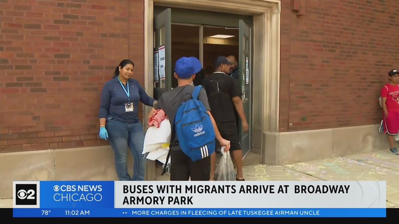 Buses with migrants arrive at Broadway Armory Park