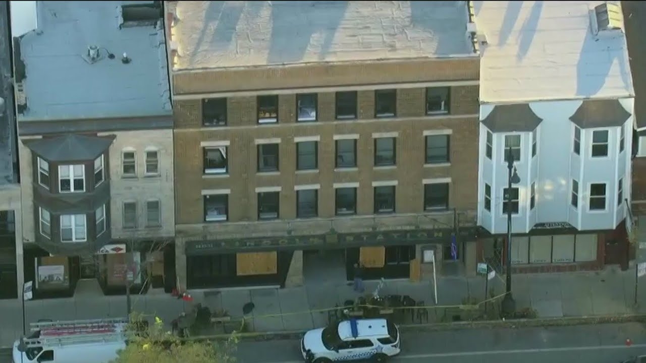 An overhead look at the building where a firefighter lost his life