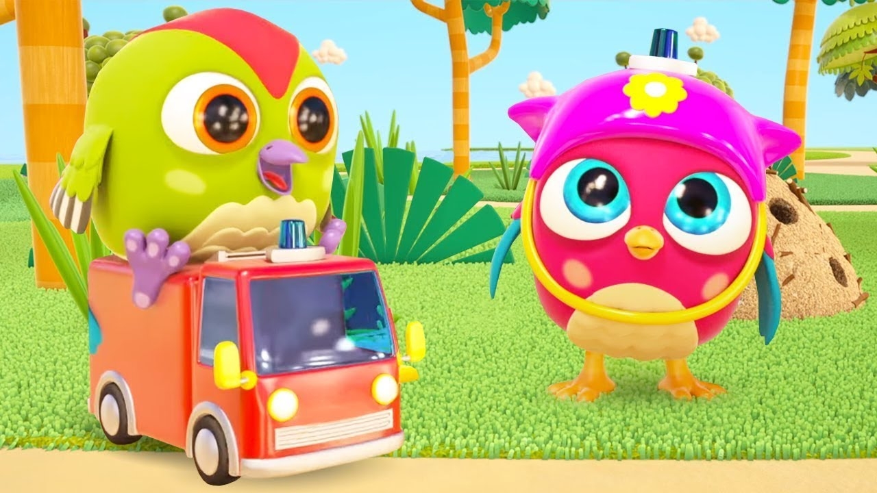 A toy fire truck for kids. Cartoons for babies in English. Hop Hop the Owl & baby toys.