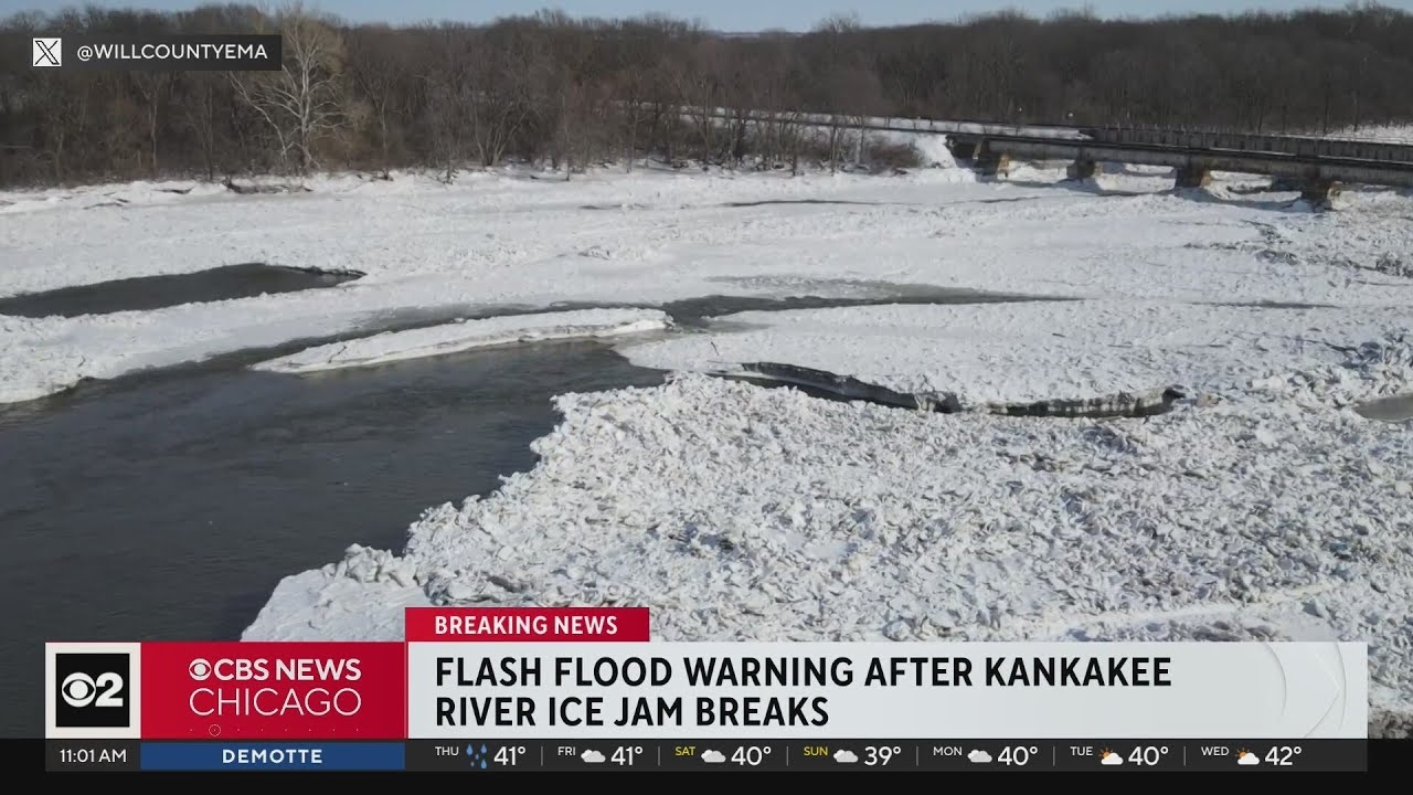 Flash flood warning on Kankakee River due to melting ice jams