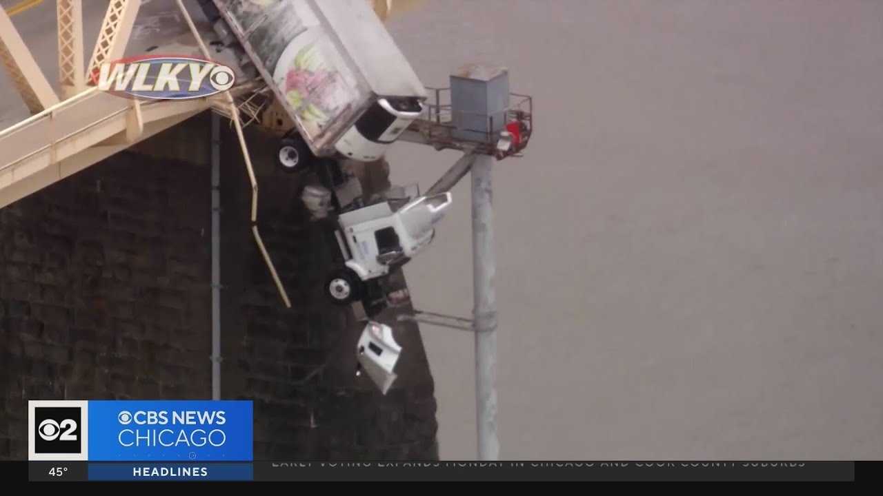 Semi truck with the driver inside dangles off a bridge