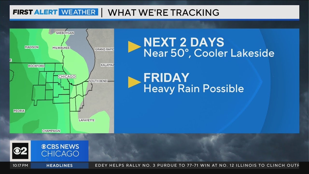 Near 50 next two days, heavy rain possible Friday