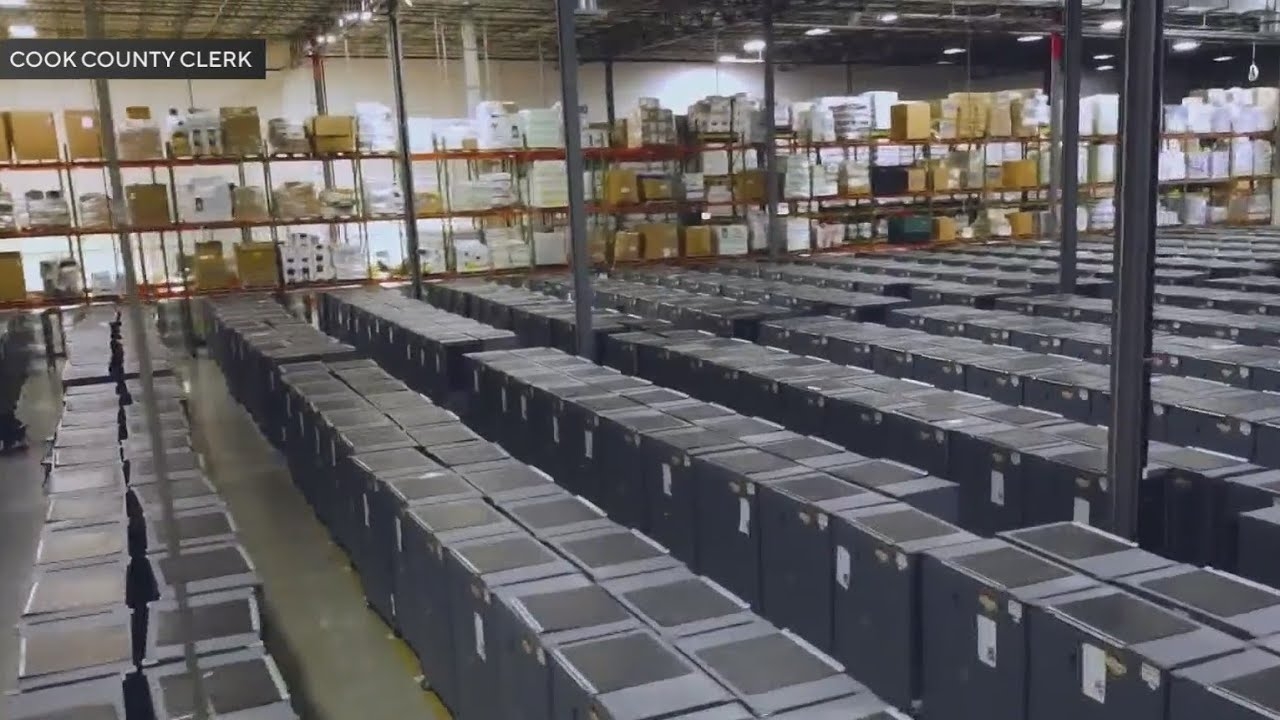 Warehouse showing touch screens, other voting equipment opened by Cook Co.