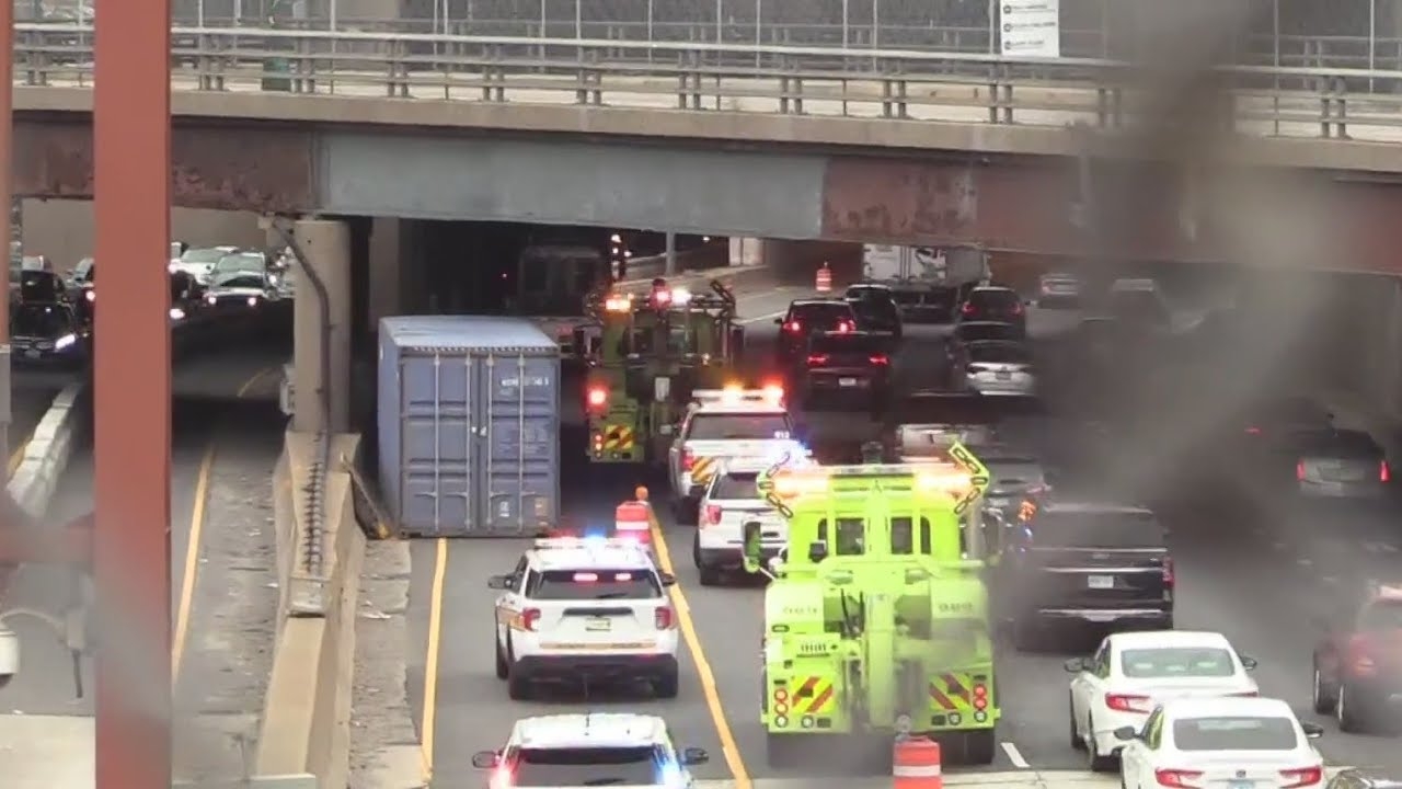 Shipping container falls off semi on Kennedy Expressway