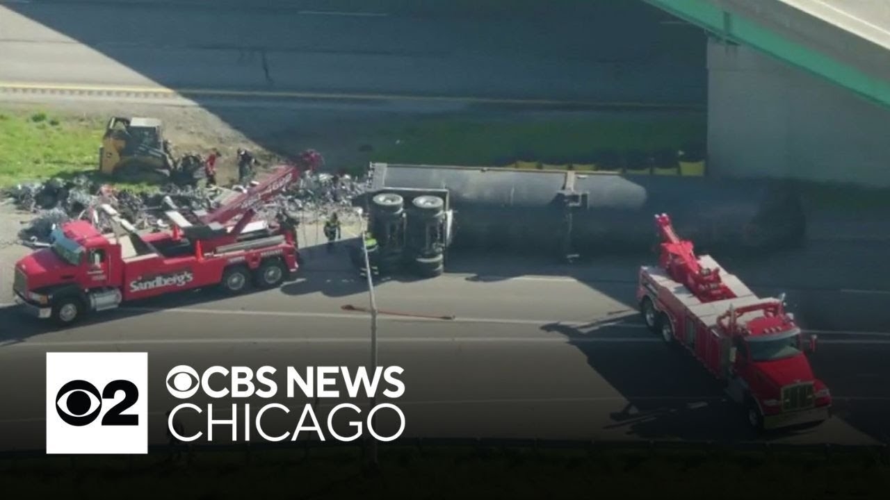 Overturned truck spills scrap metal, blocks Indiana highway