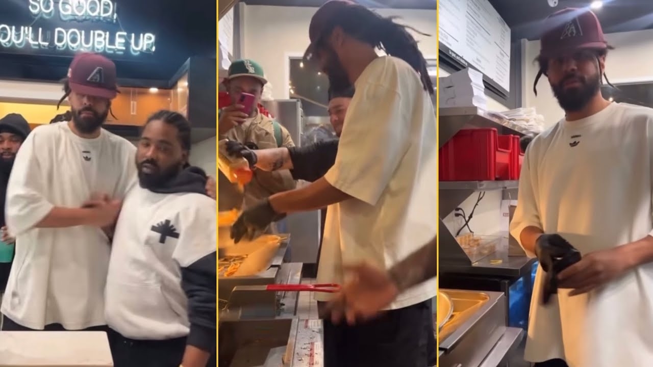 J Cole Visits Nipsey Hussle Brothers Marathon Burger In LA And Tries To Make Some Burger Himself